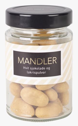 Mandler valkoisella suklaalla ja lakritsijauheella ruskea