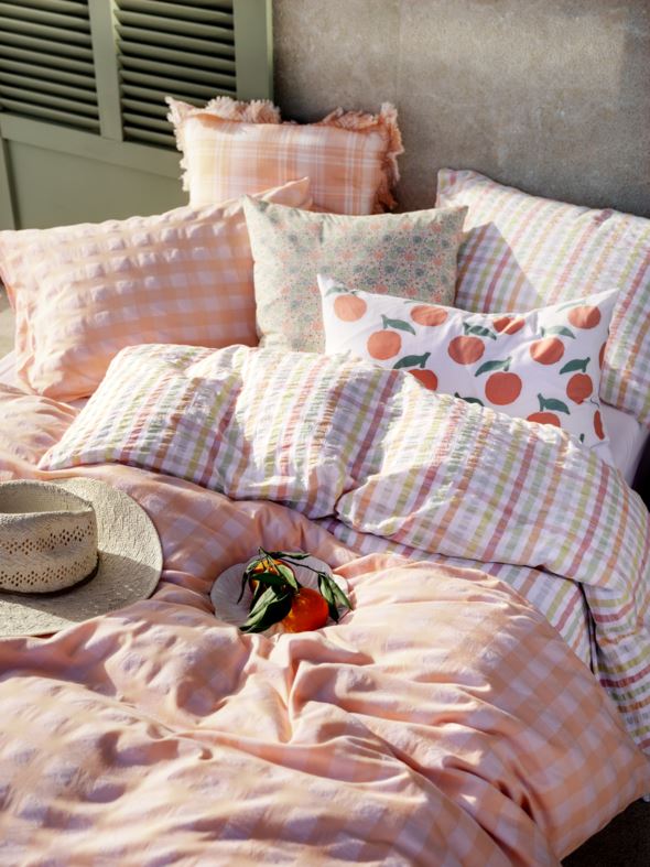 Pussilakanasetti lankavärjättyä kreppipuuvillaa koralli - 3