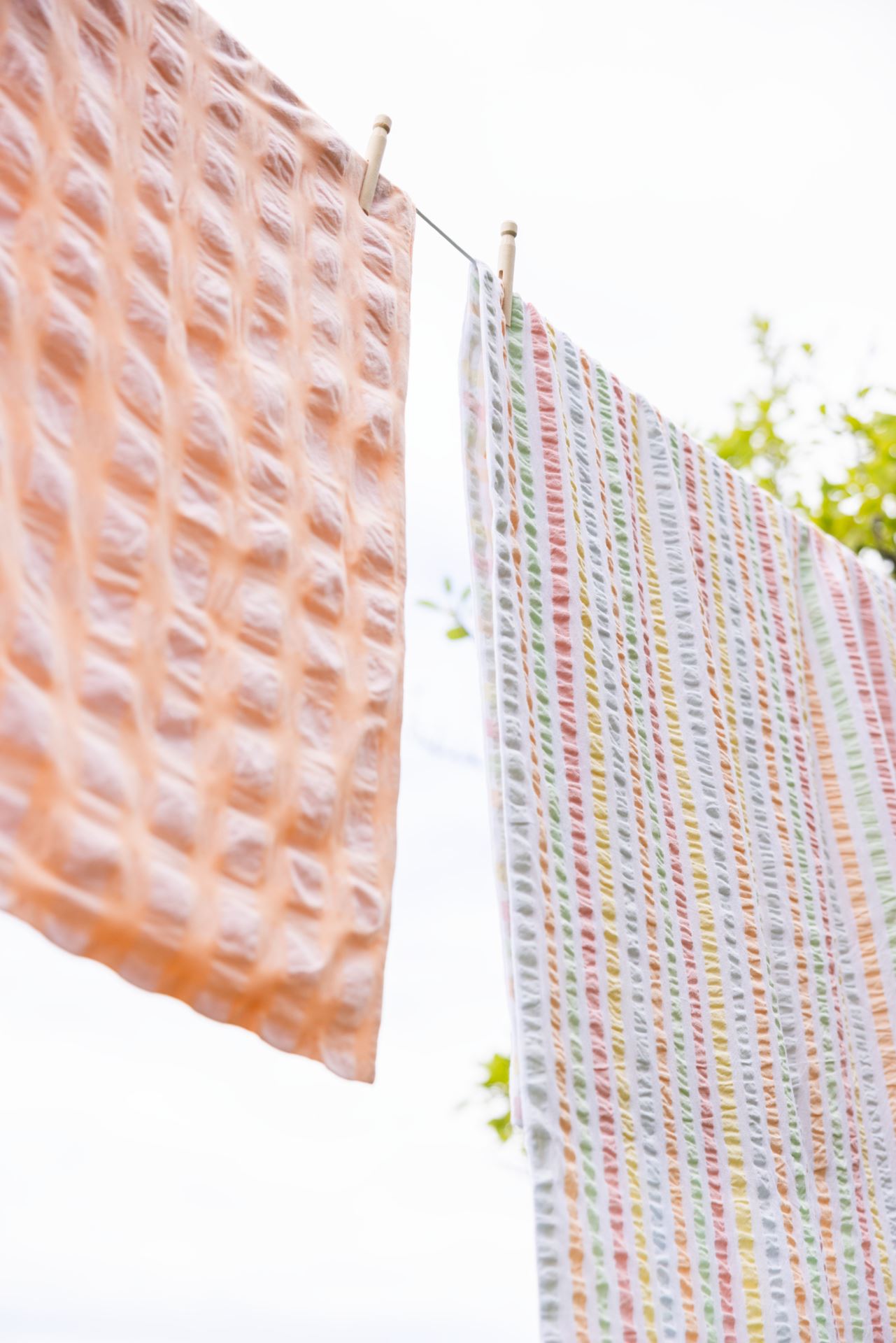 Pussilakanasetti lankavärjättyä kreppipuuvillaa koralli - 6